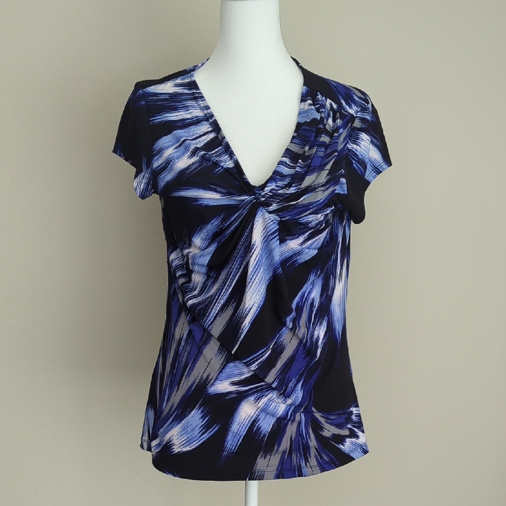 New York & Company Black and Blue Abstract Stretch Blouse, M